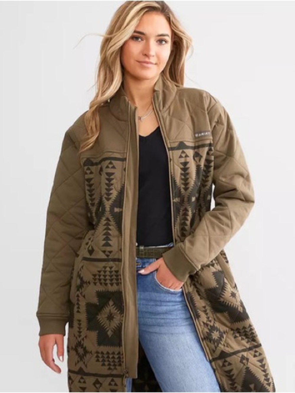 Ariat Women’s Large Southwestern Aztec Quilted Long Jacket Olive Green